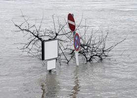 letreros de la calle con espacio para copiar en un letrero en una zona peatonal inundada en alemania foto