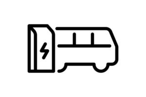Electric bus charging in charger station linear icon. Electrical e-bus energy charge black symbol. Eco friendly electro vehicle recharge sign. Vector battery powered EV transportation eps logo