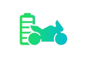 Electric sportbike fully charged battery energy indicator green gradient icon. Electrical transportation motorcycle accumulator charger symbol. Electro charging motorbike. Eco friendly vehicle sign vector