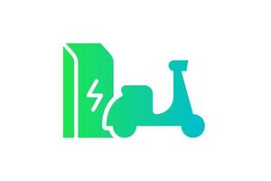 Electric motorbike charging in charger station icon. Electrical moped energy charge green gradient symbol. Eco friendly electro motorcycle recharge sign. Vector eps battery powered EV transportation