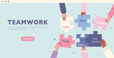 A hand holding a jigsaw puzzle is putting the pieces together. Teamwork banner template. flat design style vector illustration.
