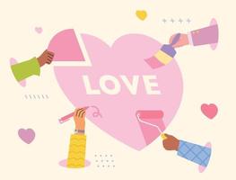 Hands holding painting tools are making a heart together. flat design style vector illustration.