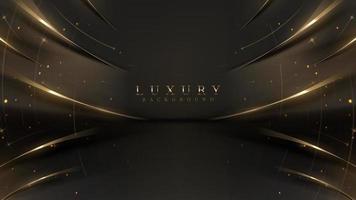 Black luxury background with golden line elements and light ray effect decoration and bokeh. vector
