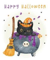 cute funny black kitten cat in violet cauldron pot Halloween with witch broom watrcolor animal character vector illustration