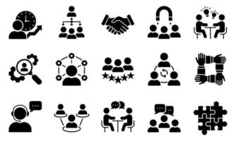 colección de pictogramas de glifos de asociación de personas de negocios de la comunidad de trabajo en equipo. conjunto de iconos de silueta de colaboración de gestión de recursos humanos. icono de carrera de liderazgo de empleado. ilustración vectorial aislada. vector
