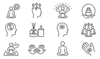 yoga en posición de loto conjunto de iconos de línea de armonía. pictograma lineal de energía espiritual. meditación relajarse equilibrio aromaterapia contorno icono. Cerebro khamsa zen. trazo editable. ilustración vectorial aislada. vector