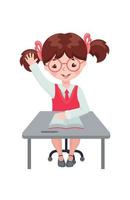 Cute girl raising hand in the classroom for an answer isolated on white background. Pupil sitting at the desk with raised hand. Education concept. Vector illustration.