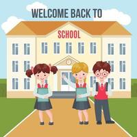 Happy kids with bags and books on school building background. Education concept. Welcome back to school composition with pupils. Vector illustration.