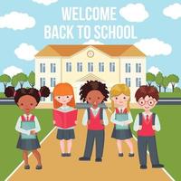 Happy kids with bags and books on school building background. Education concept. Welcome back to school composition with pupils. Vector illustration.