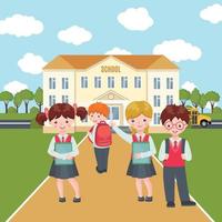 Happy kids with bags and books on school building background. Education concept. Welcome back to school composition with pupils. Vector illustration.