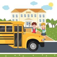 Happy kids on school building background and school bus. Education concept. Welcome back to school composition with pupils. Vector illustration.