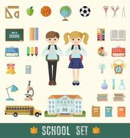 Set of school icons in flat style. Selection of various individual school supplies. Vector illustration