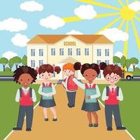 Happy kids with bags and books on school building background. Education concept. Welcome back to school composition with pupils. Vector illustration.