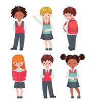 Set of pupils with school supplies. Cute school kids isolated on white background. Education concept. International collection. Vector illustratiopn..