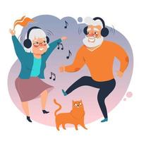 Elderly couple dancing with wireless headphones. Elderly people use modern technologies, vector illustration