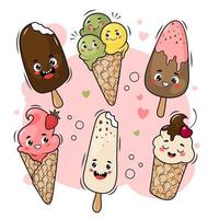 Cute cartoon ice cream with happy face, vector collection