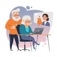 Elderly couple use laptop to communicate with family. Old people use computer technology, vector illustration