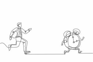 Continuous one line drawing stressed businessman chasing alarm clock. Male manager being chased by work deadlines. Running out of time. Business metaphor. Single line draw design vector illustration