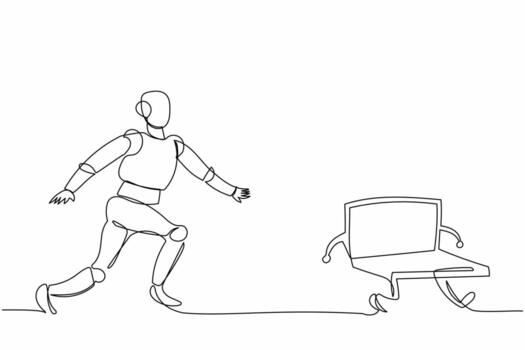 Single continuous line drawing robot chasing laptop computer. Deadline and task. Modern robotic artificial intelligence. Electronic technology industry. One line graphic design vector illustration