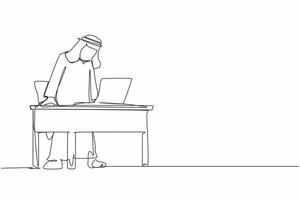 Single continuous line drawing frustrated and furious Arabian businessman shouting and screaming screen laptop on his working desk. Bad workspace emotions. One line graphic design vector illustration