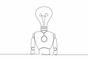 Single one line drawing robot with light bulb instead of head. Future technology development. Artificial intelligence and machine learning process. Continuous line design graphic vector illustration