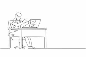 Continuous one line drawing businesswoman giving good sign in front of computer. Female in blazer operating PC while doing thumbs-up sign. Happy employee concept. Single line design vector graphic