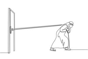 Single continuous line drawing Arabian businessman trying hard to pulling rope to drag heavy door, metaphor to facing big problem. Business struggles. Strength for success. One line draw design vector