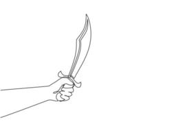 Single continuous line drawing man hand hold machete. Hatchet knife with long steel blade. Hand tool for cutting branches and wood known as machete. One line draw graphic design vector illustration