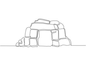 Continuous one line drawing prehistoric stone cave entrance sketch on isolated white background. Stone cave entrance flat composition icon symbol. Single line draw design vector graphic illustration