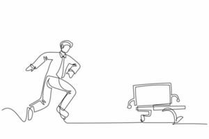 Continuous one line drawing furious businessman chasing laptop computer. Concept of stress, angry, burnout, headache, depression. Business metaphor. Single line draw design vector graphic illustration