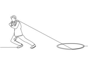 Single continuous line drawing businessman trying hard pulling rope to drag something from hole, metaphor to facing big problem. Business struggles. One line draw graphic design vector illustration