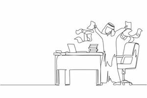 Single continuous line drawing happy Arabic businessman, company leader or office worker throwing documents in air, enjoying business success while sitting at workplace. One line graphic design vector