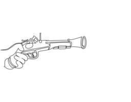 Single continuous line drawing hand holding old flintlock pistol. Flintlock handgun weapon pistol antique. Military flintlock wooden retro pirate. Vintage firearm. One line draw graphic design vector