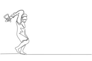 Single continuous line drawing prehistoric man holding and raised stone axes. Man hunting an ancient animal with stone axe, caveman of prehistoric period with weapon. One line graphic design vector