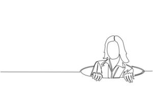 Single continuous line drawing businesswoman emerges from hole. Concept of failure to take advantage of business opportunities. Depressed and business failure. One line draw design vector illustration