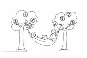 Single one line drawing happy rich Arab businesswoman typing with laptop in hammock tied on money tree with dollar coins. Make profit or dividend from investment. Continuous line design graphic vector