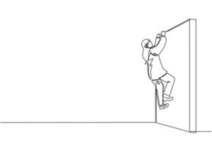 Single continuous line drawing Arab businesswoman climb obstacle wall, solve the problem. Business concept, team metaphor. Successful leader businesswoman. Dynamic one line draw graphic design vector