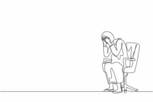 dibujo continuo de una línea mujer de negocios árabe frustrada sosteniendo su cabeza sentada sola en la silla. arrepentimiento por error de negocios, frustración, depresión, estupidez, tontería. vector de diseño de una sola línea