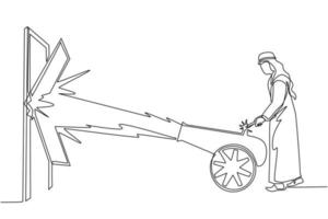 un hombre de negocios árabe de dibujo continuo enciende un cañón frente a la puerta y destruye la puerta. eliminando barrera de entradas, destruyendo obstáculos con fuerza bruta. vector de diseño de dibujo de una sola línea