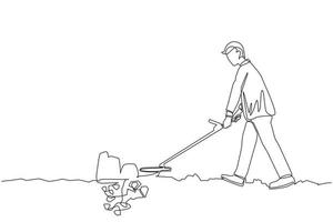 Continuous one line drawing businessman with metal detector looking for pile of diamonds. Man treasure hunter with metal detector finding precious stone. Single line draw design vector illustration