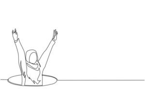 Continuous one line drawing Arabian businesswoman fell into manhole underground sewer. Female fell into sewage. Depressed and business failure concept. Metaphor. Defeat. Single line draw design vector