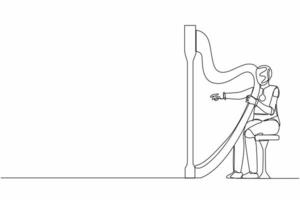 Single one line drawing robot sitting and playing harp at classic music festival. Future technology development. Artificial intelligence machine learning. Continuous line design vector illustration