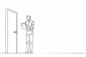 robots de dibujo continuos de una línea parados frente a la puerta y escribiendo en el portapapeles. organismo cibernético robot humanoide. futuro concepto de desarrollo de robótica. gráfico vectorial de diseño de dibujo de una sola línea vector