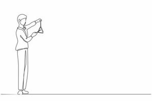 Continuous one line drawing male musician playing musical triangle. Classical music orchestra man artist with music instrument. Professional musician performs on stage. Single line draw design vector