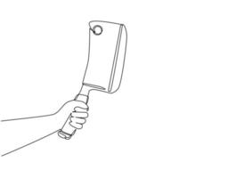 Continuous one line drawing hand holding meat kitchen cleaver, butcher knife. Sharp, utensil. Equipment concept. Cleaver used for topics like kitchen, cooking, chef. Single line draw design vector