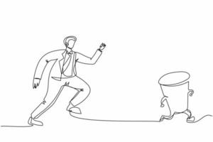 Single continuous line drawing businessman run chasing try to catch hourglass. Concept of stress, angry, burnout, deadlines, depression. Business metaphor. One line graphic design vector illustration