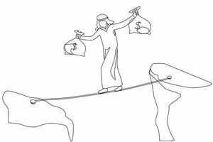 Continuous one line drawing Arabian businessman walk over cliff gap mountain carry two money bag risking dangerous. Male walking balance on rope bridge. Single line design vector graphic illustration