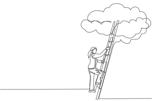 Single one line drawing businesswoman climbing up career ladder to cloud. Successful rising business development. Professional growth promotion. Continuous line draw design graphic vector illustration