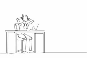 Single one line drawing frustrated robot sitting at laptop, holding head. Future technology development. Artificial intelligence machine learning. Continuous line design graphic vector illustration