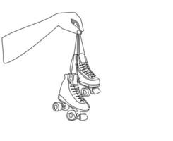 Single one line drawing player hand holds roller skate. Man hand holding pair of old retro plastic quad roller skate shoes. Vintage classic extreme sport. Continuous line draw design graphic vector